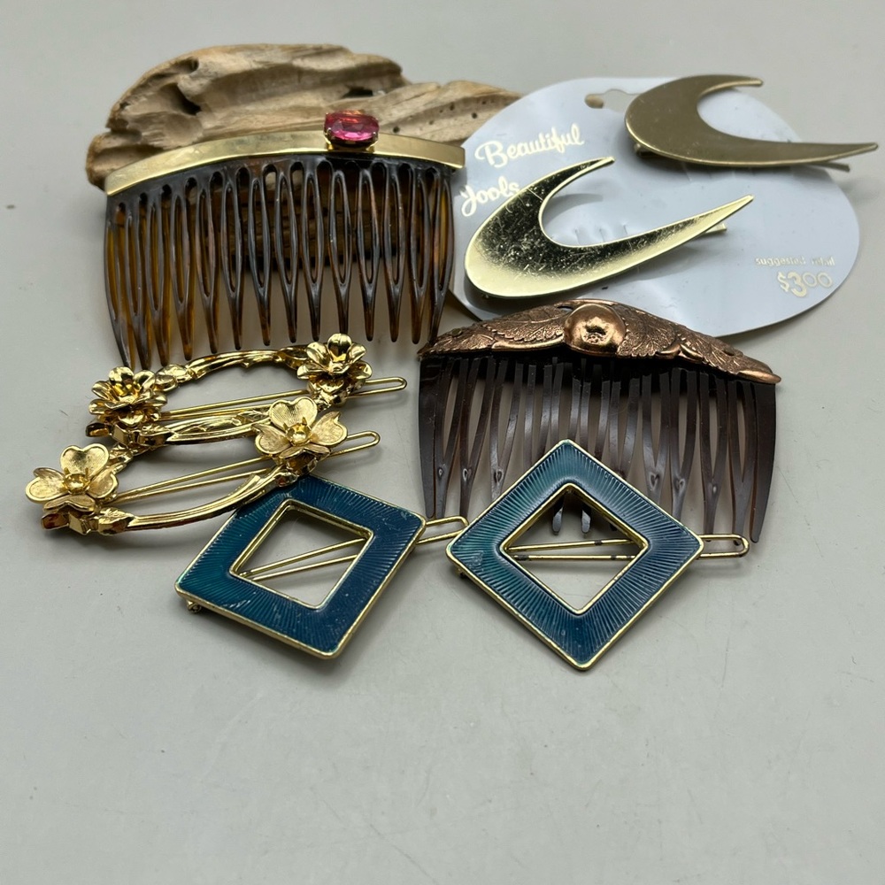 Elegant Vintage Gold and Blue Hair Accessory Set -Retro Statement